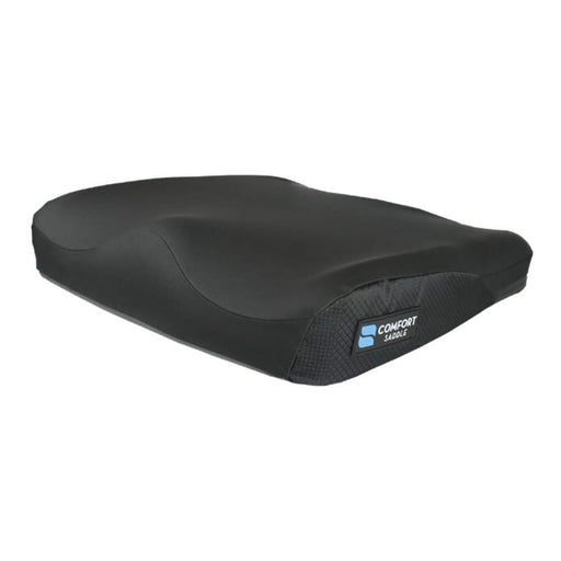 Comfort company saddle zero elevation cushion is designed with two layers of high resiliency foam which provides increased comfort and decrease the probability of pressure sores. The kwik strap loops around vertical canes securely attach the cushion to wheelchair during transfers. 