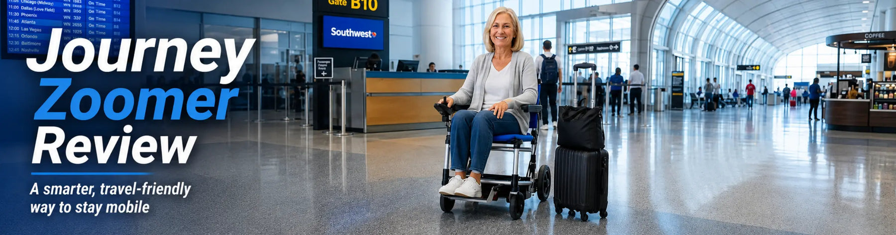 Senior woman riding a Journey Zoomer portable mobility chair through an airport terminal beside rolling luggage, featured in a travel-friendly mobility review banner.