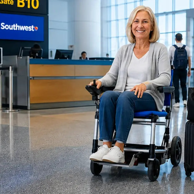 Senior woman riding a Journey Zoomer portable mobility chair through an airport terminal beside rolling luggage, featured in a travel-friendly mobility review banner.