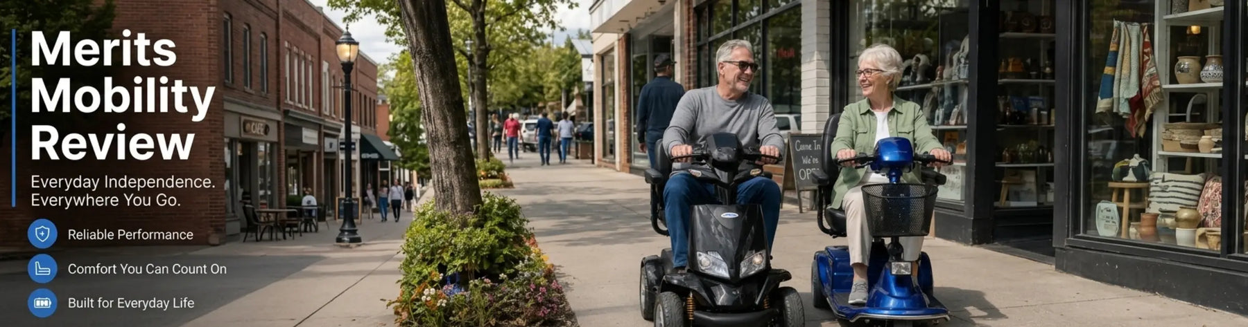 Two seniors riding Merits mobility scooters along a downtown shopping street, featured in a mobility scooter review focused on everyday independence, comfort, travel, and outdoor mobility.