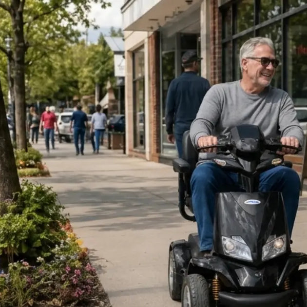 Two seniors riding Merits mobility scooters along a downtown shopping street, featured in a mobility scooter review focused on everyday independence, comfort, travel, and outdoor mobility.