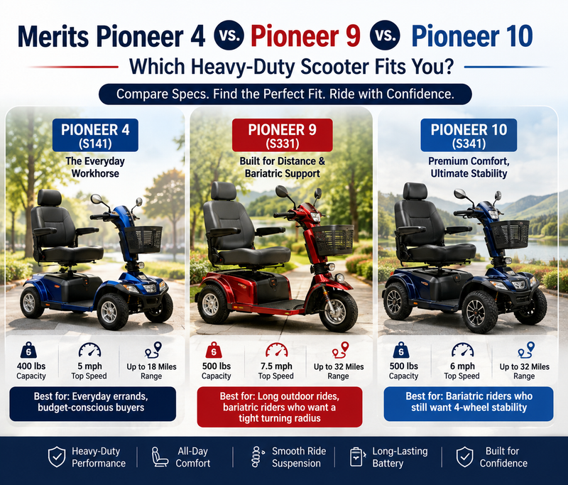 Merits Pioneer 4 vs. Pioneer 9 vs. Pioneer 10: Which Heavy-Duty Scooter Fits You?