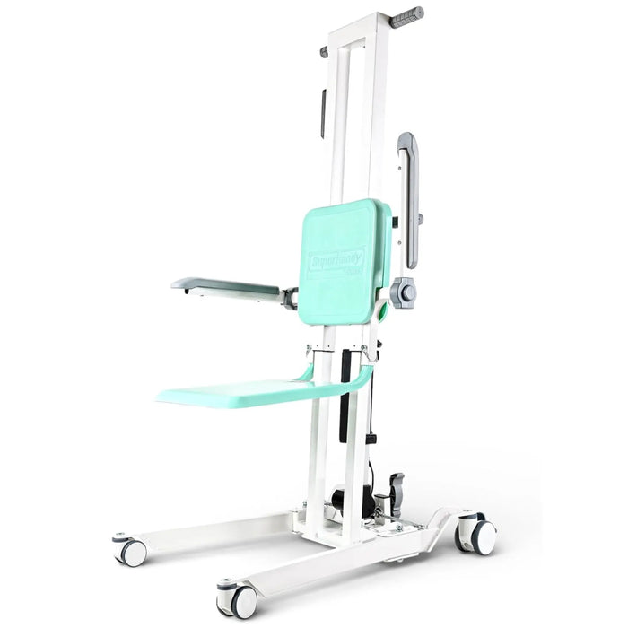 SuperHandy transfer floor lift with padded seat, backrest, and wheeled base shown in a clean studio view