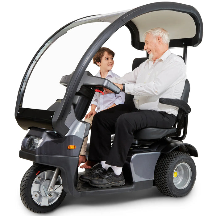 AFIKIM Afiscooter S3 Touring 3-Wheel Electric Mobility Scooter with Canopy FTS3654 with Kid and Grandpa Grey Color Afikim Drive