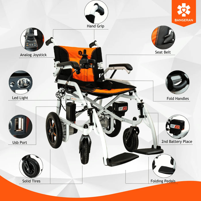 Electric wheelchair with features highlighted on a white background