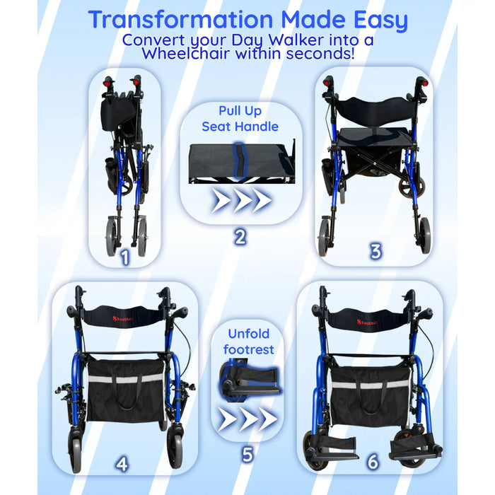 DayWalker - Lightweight Folding Rolling Walker & Transport Chair with Seat & Adjustable Backrest