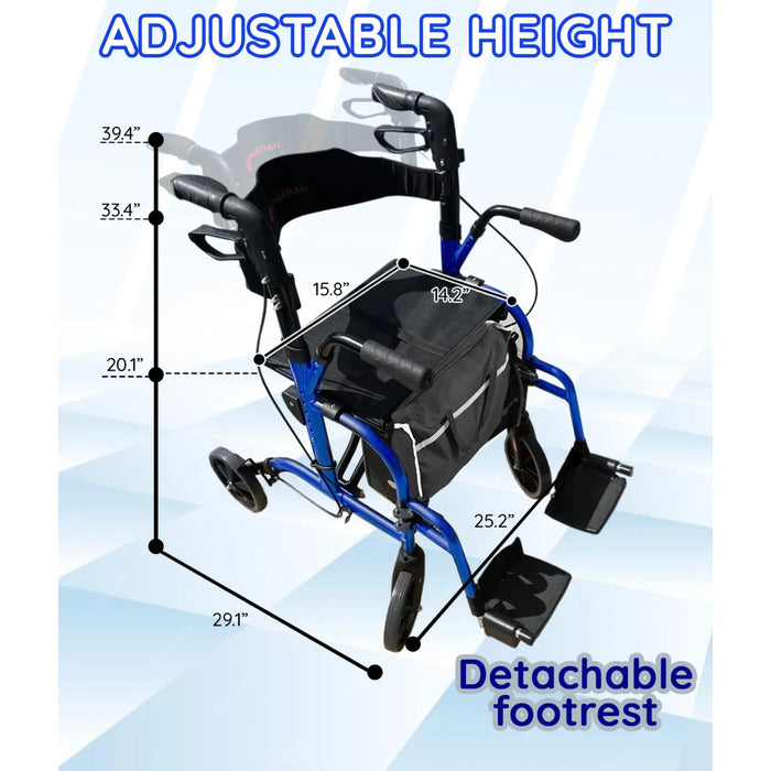 DayWalker - Lightweight Folding Rolling Walker & Transport Chair with Seat & Adjustable Backrest