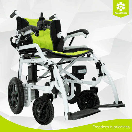 Bangeran Phoenix Kids Electric wheelchair with green seat on a white background, featuring the Bangeran brand.