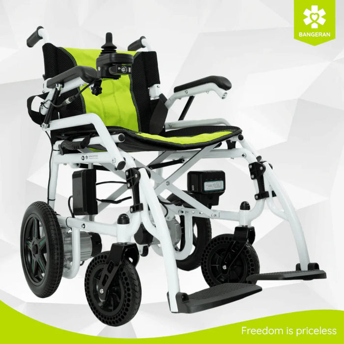 Bangeran Phoenix Kids Electric wheelchair with green seat on a white background, featuring the Bangeran brand.
