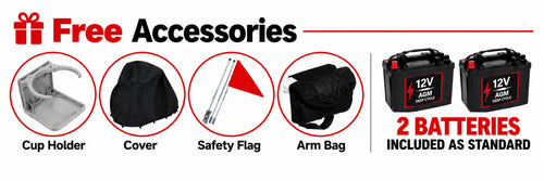 Promotional graphic for a 12V 200Ah AGM battery set with free accessories. The main product shown is two black batteries on the right, with four circular inset images on the left showing included accessories: a cup holder, a cover, a safety flag, and an arm bag.