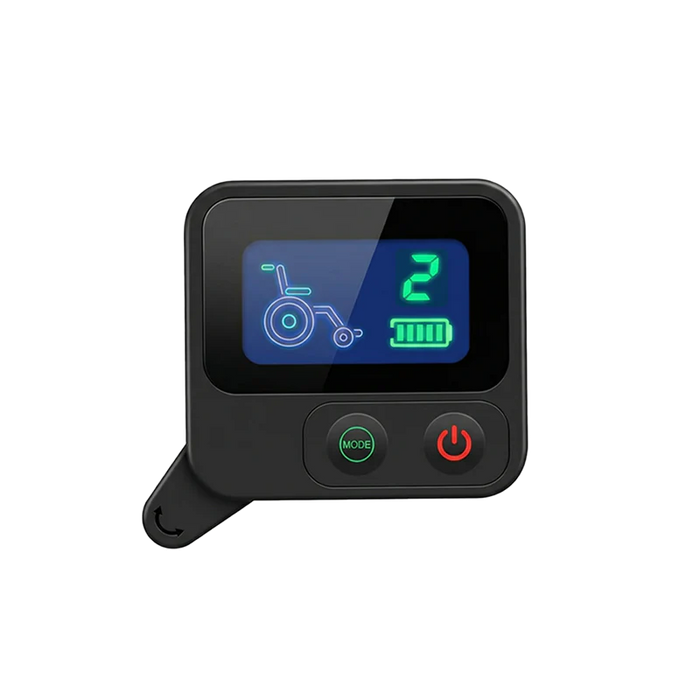 Black electronic device with digital display and buttons on a white background
