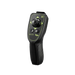 Black remote control with green accents on a white background