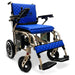 X7 ComfyGO Travel Electric wheelchair with blue quilted seat and backrest on a white background