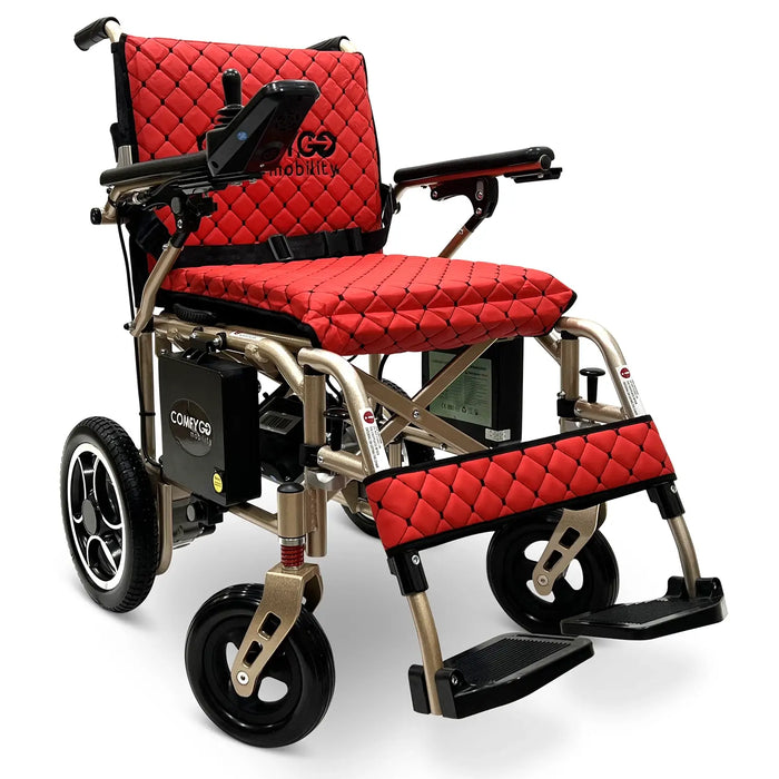 ComfyGo X-7 BronzeFrame-RedTextileelectric wheelchair with quilted design on a white background