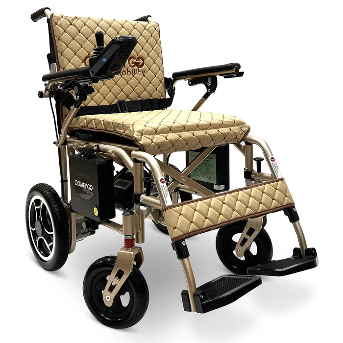 Comfygo X-7  bronze with coffee c ushions electric wheelchair with quilted design on a white background