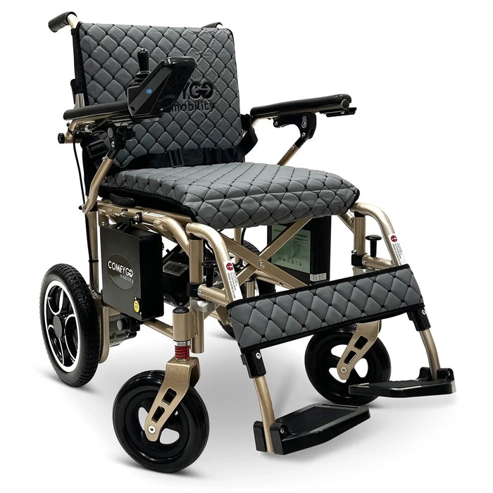 Electric wheelchair with quilted gray seat and backrest on a white  Comfygo X-7 background