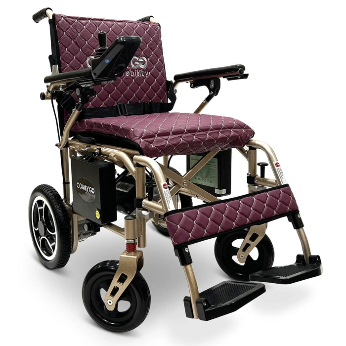 Comfygo X-7  TraElectric wheelchair with purple quilted seat and backrest on a white backgroundel 