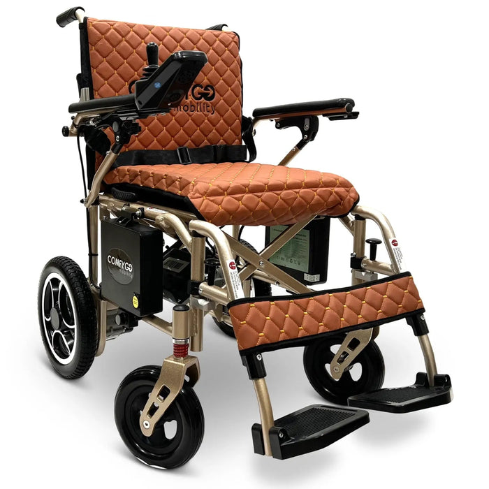 Comfygo X-7  Electric wheelchair with brown quilted seat and backrest on a white background BronzeFrame-TabaTextile