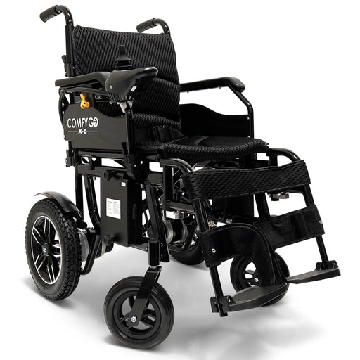 ComfyGO X-6 Black electric wheelchair with 'ComfyGo' branding on a white background