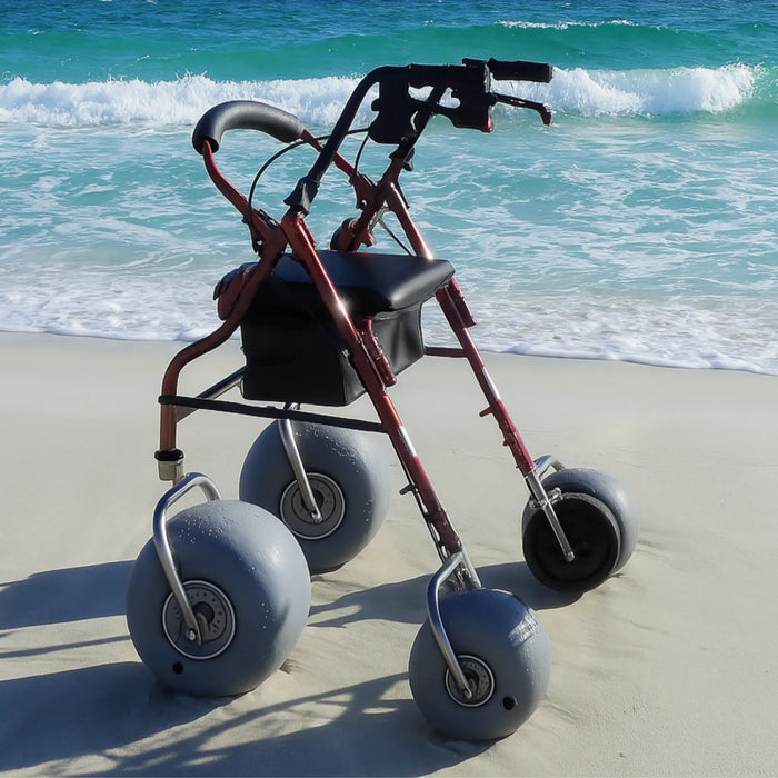 The All Terrain Folding Aluminum Beach Walker by DeBug Mobility Red Frame Balloon Wheels