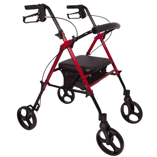 Height Adjustable Aluminum Rollator Walker – 8” Wheels, Flip-Up Seat, 300 lb Capacity - Burgundy Frame