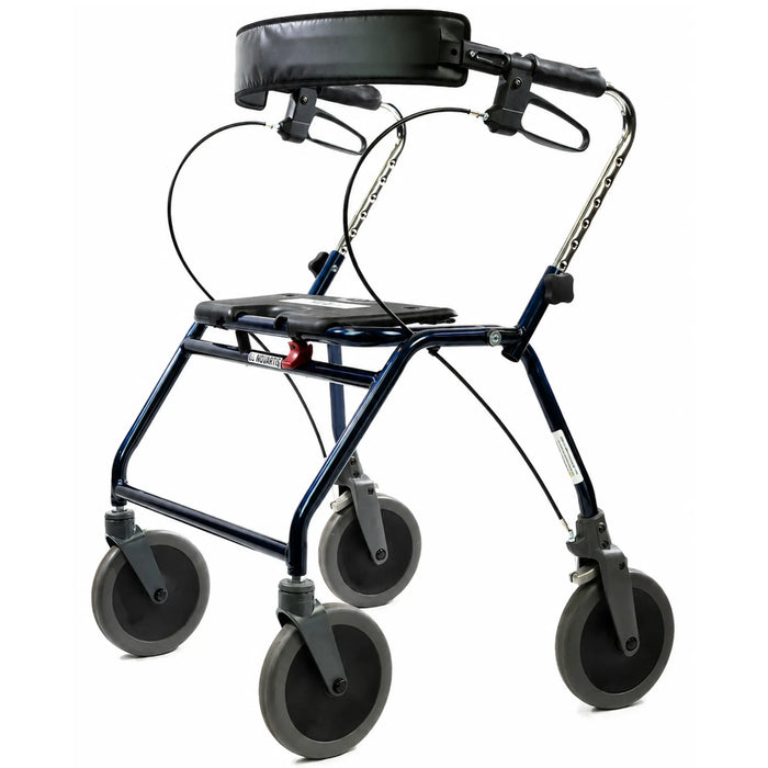 Dolomite Maxi Plus Heavy Duty Rolling Walker in blue with padded backrest, black seat, hand brakes, and four large wheels on a white background.