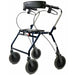 Dolomite Maxi Plus Heavy Duty Rolling Walker in blue with padded backrest, black seat, hand brakes, and four large wheels on a white background.
