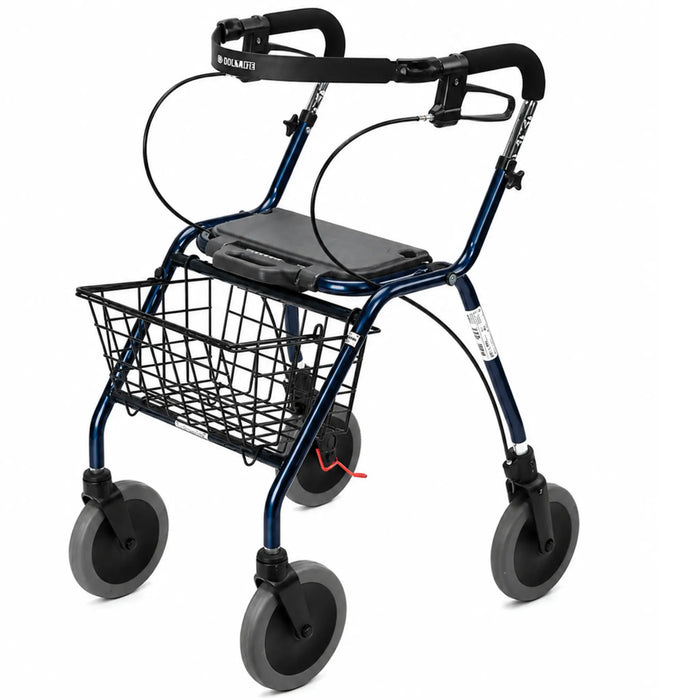 Dolomite Maxi Plus Heavy Duty Bariatric Rolling Walker in blue with black seat, hand brakes, padded backrest, front storage basket, and four large wheels.