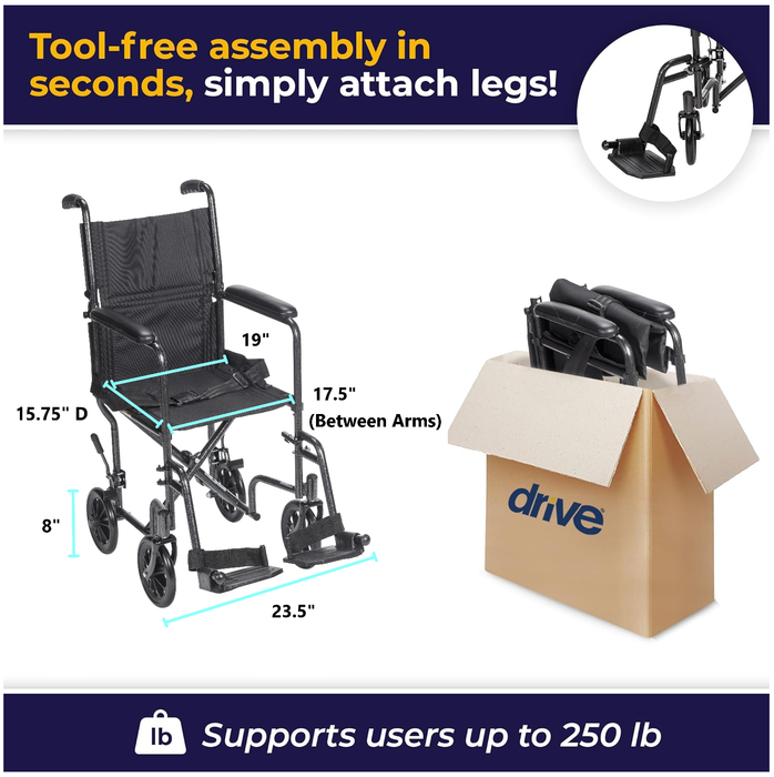 Drive Medical Transport Chair, 19 Inch Seat, Wheel and Brake Detail