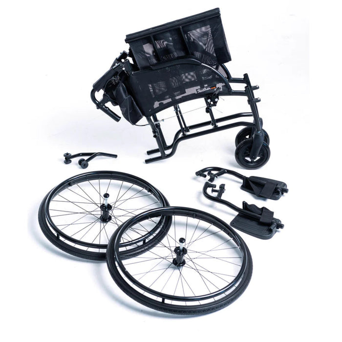 Disassembled wheelchair with wheels and parts on a white background Feather mobility chair HD dissaembled