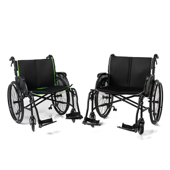 Two black feather Chairs 22" width and 24" width wheelchairs on a white background
