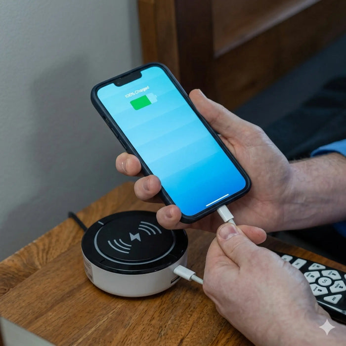Flexabed Voice Activation System Module showing that it can charge a mobile phone via the USB-C port