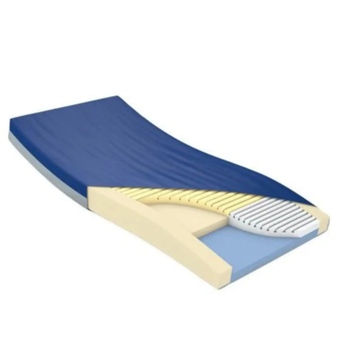 Geo-Mattress Max: Premium Therapeutic Comfort Copy Introducing the Geo-Mattress Max, a revolutionary therapeutic foam mattress designed to deliver exceptional comfort and support for those in need of optimal rest and recovery. This innovative mattress features a luxurious visco-elastic high resiliency memory foam layer in the foot section, significantly enhancing pressure relief through the intelligent Heel Slope design. With safety in mind, the firm perimeter bolsters provide secure transfers and stable se