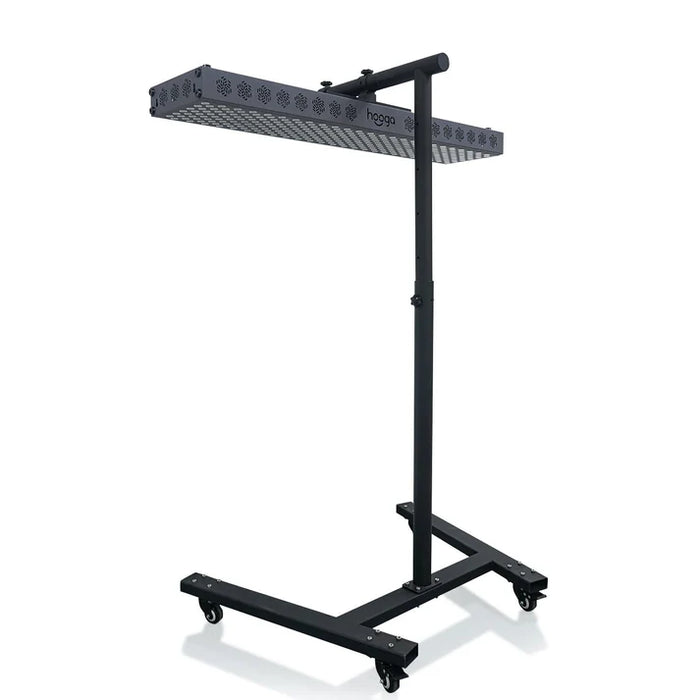 Black adjustable stand with a rectangular platform on a white  Hooga Pro background