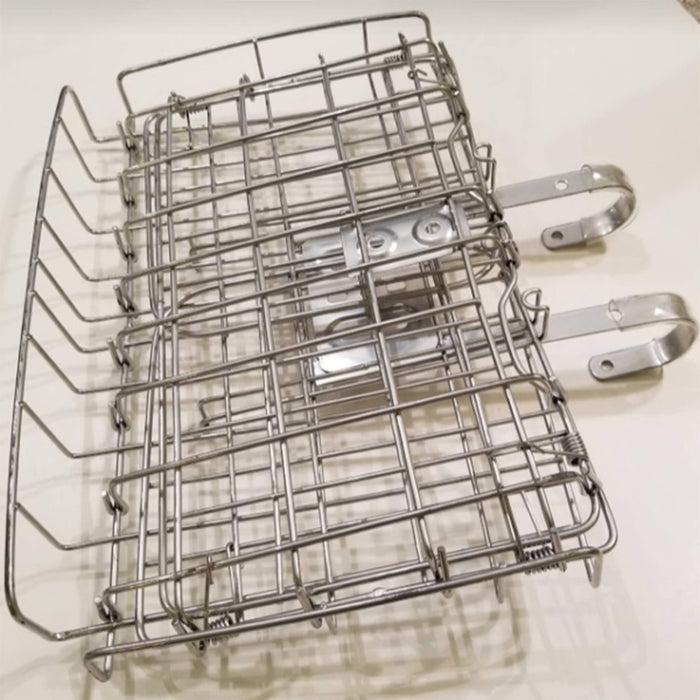 is made out of metal, is spring loaded and can carry up to 10 lbs. 13″ L x 9″ H x 9″ W. 2 lbs.