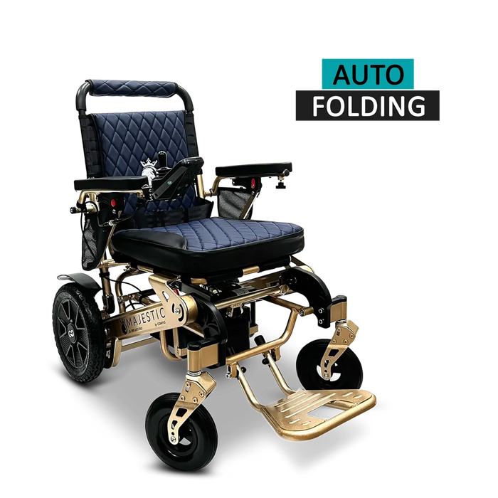 IQ 7000 Autofold Electric wheelchair with gold accents and 'Auto Folding' feature on a white background