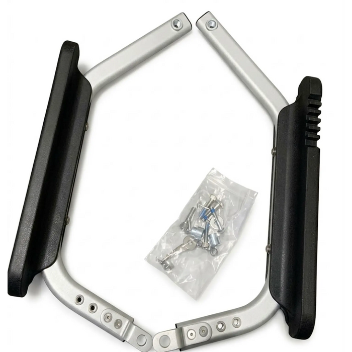Journey Zoomer Handrail Set&nbsp; Metal U-shaped frame with black handles and a small package of screws on a white background