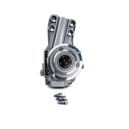 A metallic mechanical component, The 08396RGT (Right Side) and 08396LFT (Left Side) motor assemblies&nbsp; replacement motor housing, shown on a clean white background with a small set of mounting hardware below it.