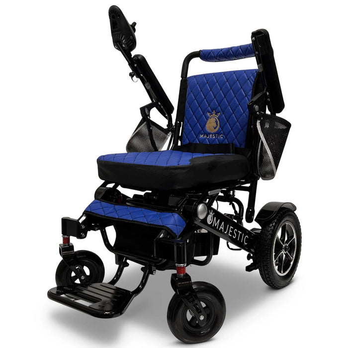 ComfyGO MAJESTIC IQ-7000 Manual Fold Electric Wheelchair - Black Frame with Blue Cushion and backrest