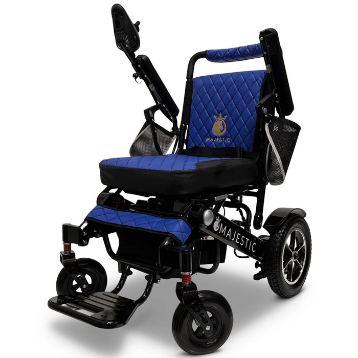ComfyGO MAJESTIC IQ-7000 Manual Fold Electric Wheelchair - Black Frame with Blue Cushions and  Back rest