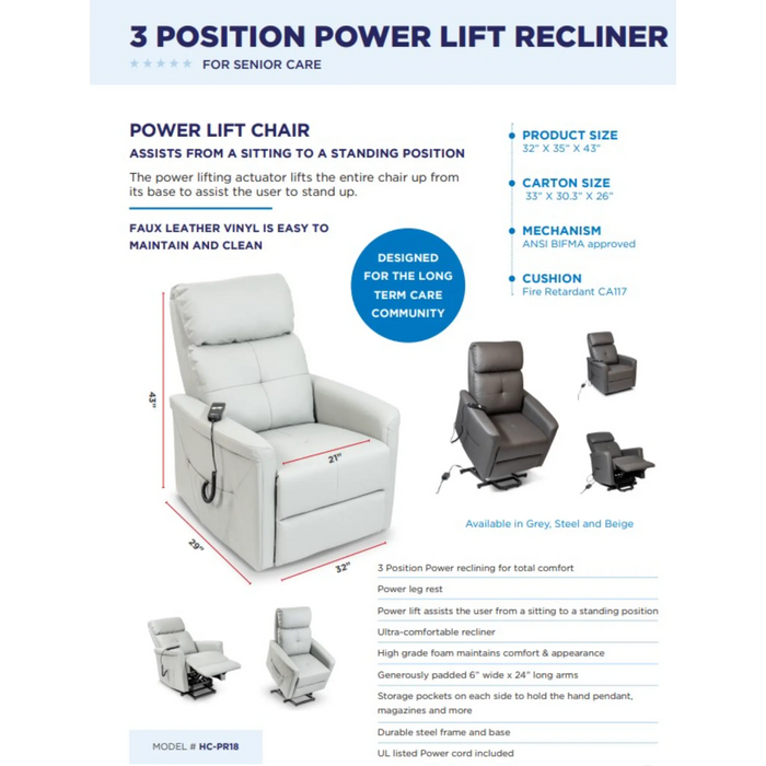 Medacure 3 Position Power Lift Recliner for Senior Care