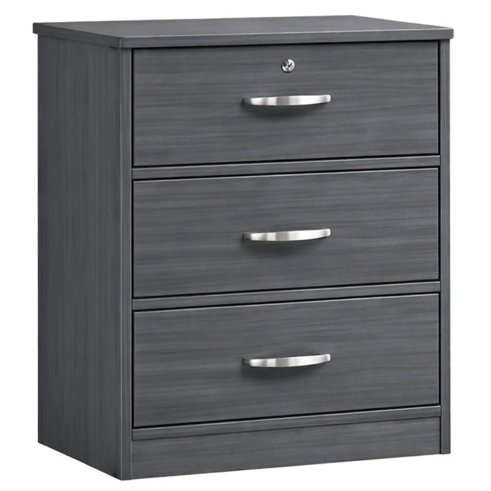 Medacure Contemporary 3 Drawer Dresser with Lock angled view in coastal grey finish