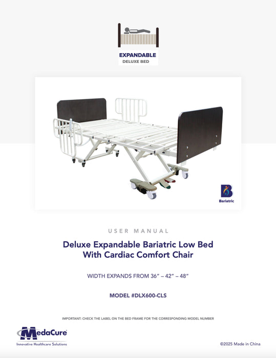User manual imagefor a deluxe expandable bariatric low bed with cardiac comfort chair, featuring MedaCure branding.