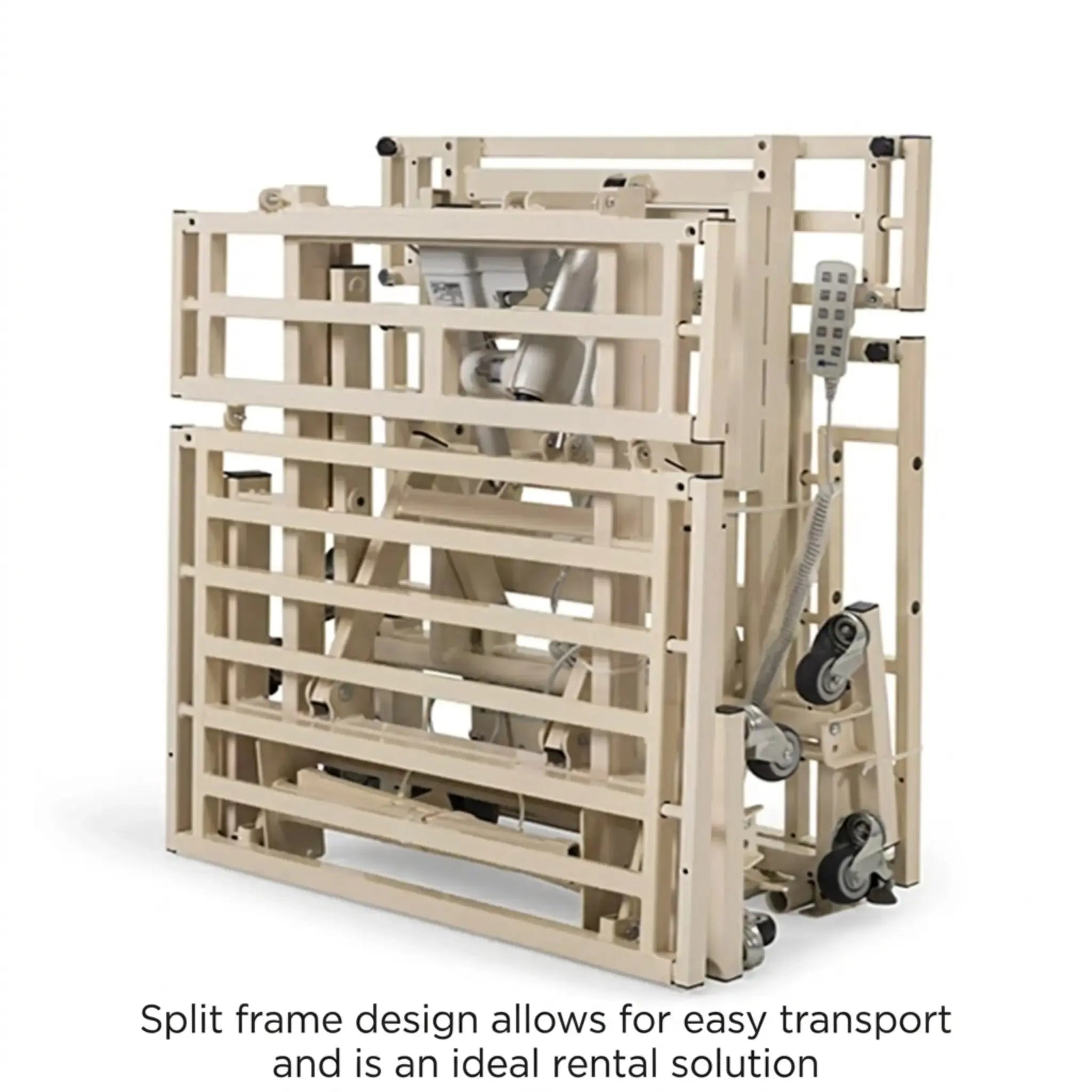 Medacure Lincoln Expandable Bariatric Bed Split Frame Design with various components on a white background folded LX-BARI-SF 