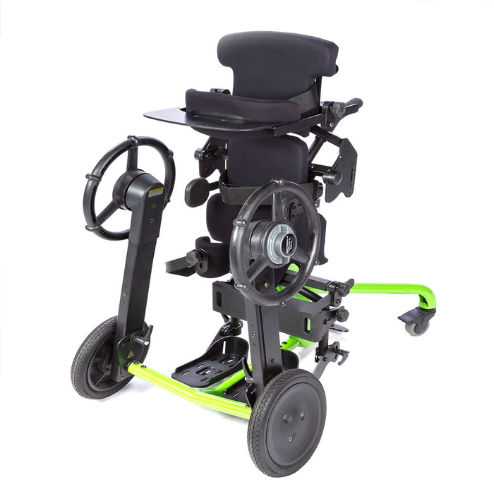 Allows self-propulsion while sitting or standing. Push rims adjust forward and aft. Mobile footprint 24”x38” (61x97cm). Push rim height 35” (89cm) from floor. Tray not included. Shown with optional PT50246 mobile tray. Not available with Supine, Shadow Tray or Front Swivel Casters.