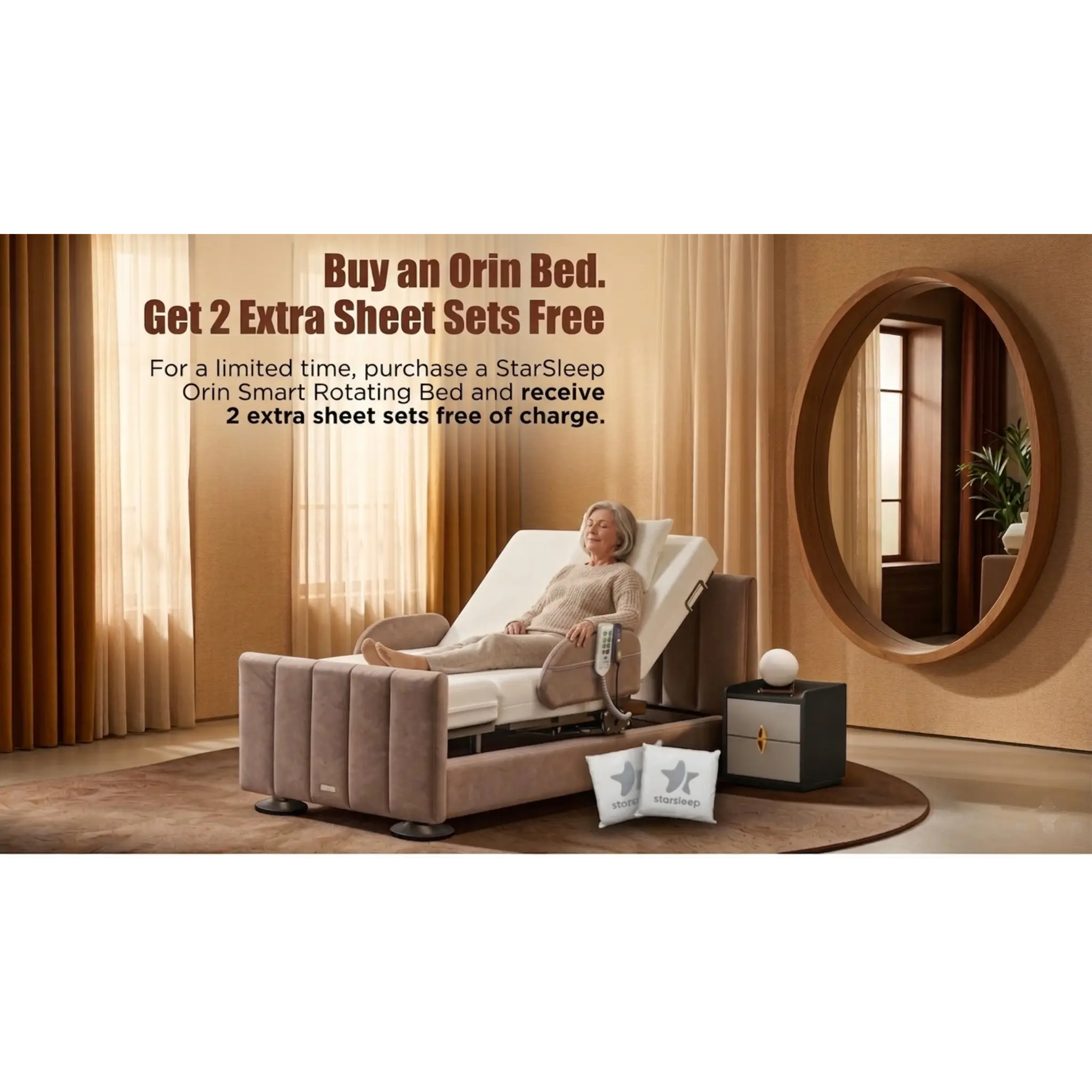Woman using a StarSleep Orin Smart Rotating Bed with promotional text overlay.