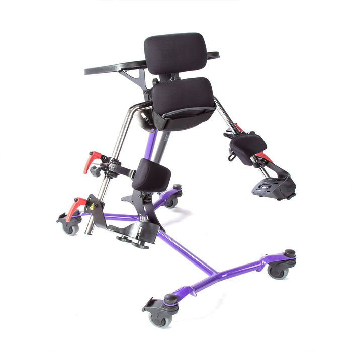 Leg support tubes feature a bend or offset that allow the entire leg to abduct without having to adjust knee supports or foot plates   The leg abduction pivot point is located in alignment with the body’s natural hip pivot, this makes abduction possible using a single knob   