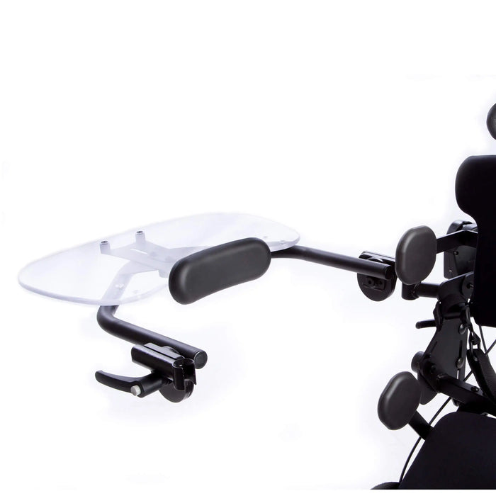 Close-up of a motorcycle windshield and handlebar on a white background EasyStand PA5602 Clear Swing-Away Tray is designed for Easystand Standers