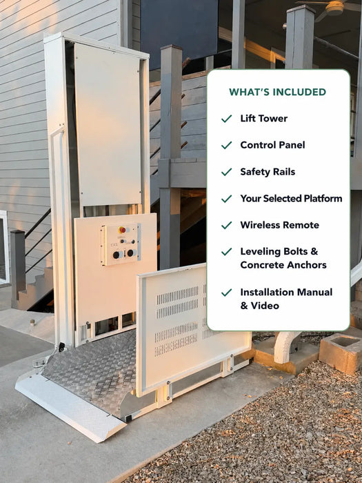 An outdoor residential wheelchair lift tower and ramp system installed beside a building, with a white included-items list panel overlaid on the right side.