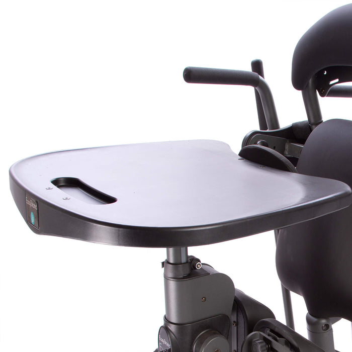 Black molded tray provides anterior support and work surface. Adjustable in height and depth. Tray size is 21”x24” (53x61cm).